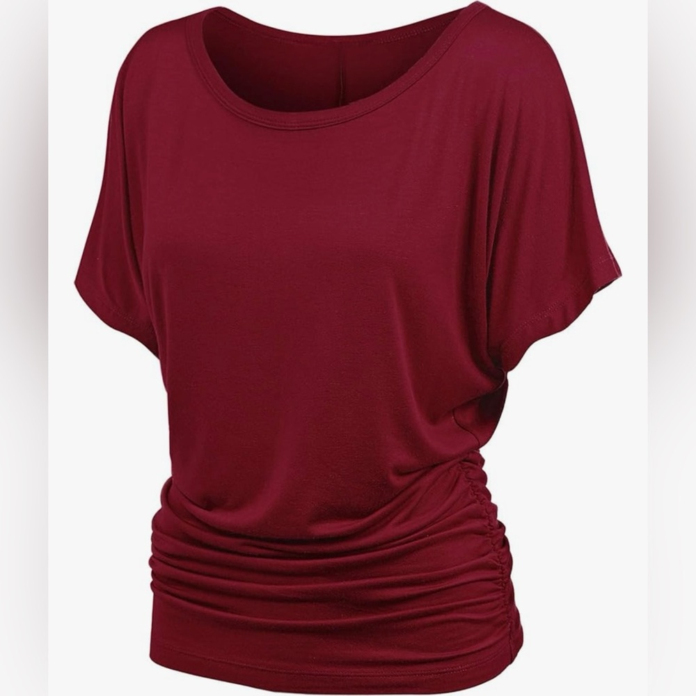 Casual Solid Short Sleeve Boat Neck Dolman Top with Side Shirring -wine